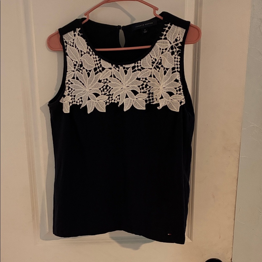 Tommy Hilfiger Navy Tank Top with White Floral Lace